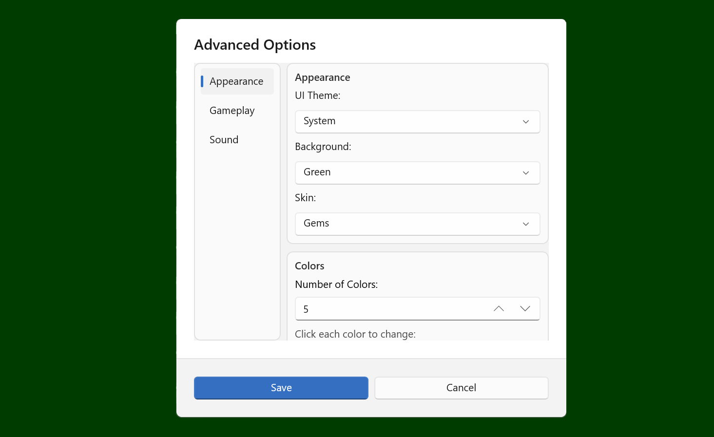 Screenshot of Advanced Settings Window (appearance tab) of SameGame