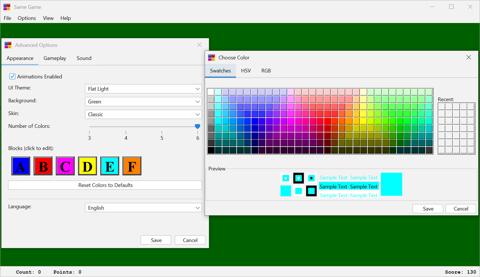 Screenshot of Advanced Settings Window (appearance tab) of Same Game
