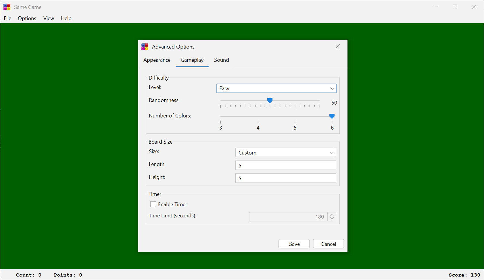 Screenshot of Advanced Settings Window (gameplay tab) of Same Game
