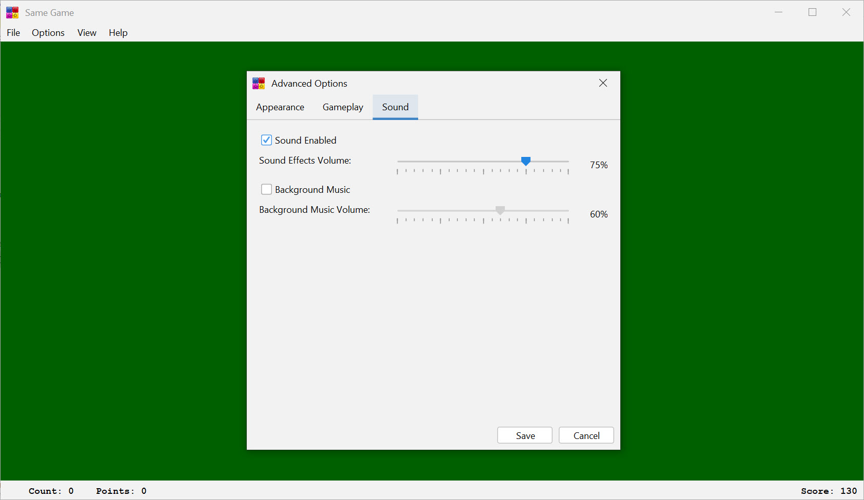 Screenshot of Advanced Settings Window (sound tab) of Same Game